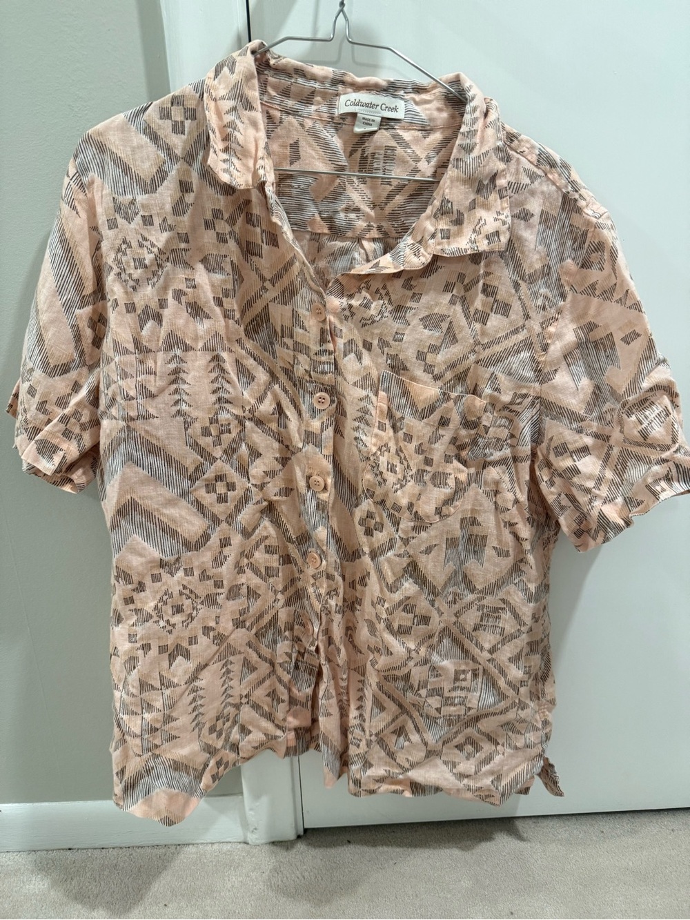 Coldwater Creek Peach & Taupe Patterned Short-Sleeve Button Shirt